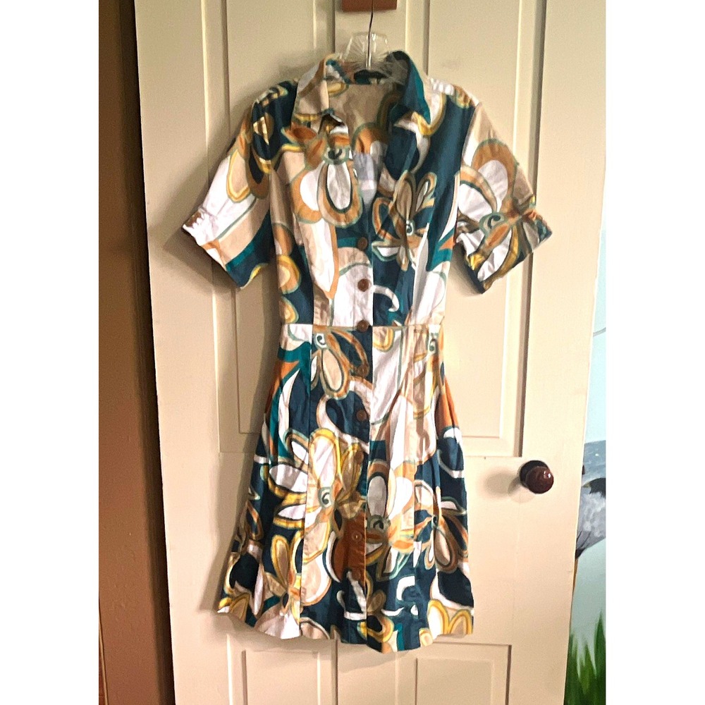 The Limited Shirt Dress Teal Floral Button Front Belted Collared Sz 10 Knee